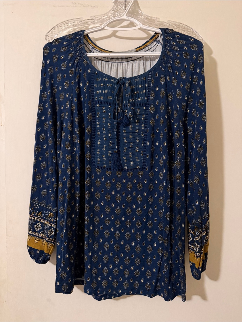 Daniel Rainn Navy and Gold Boho Pintuck Tie-Neck Tunic